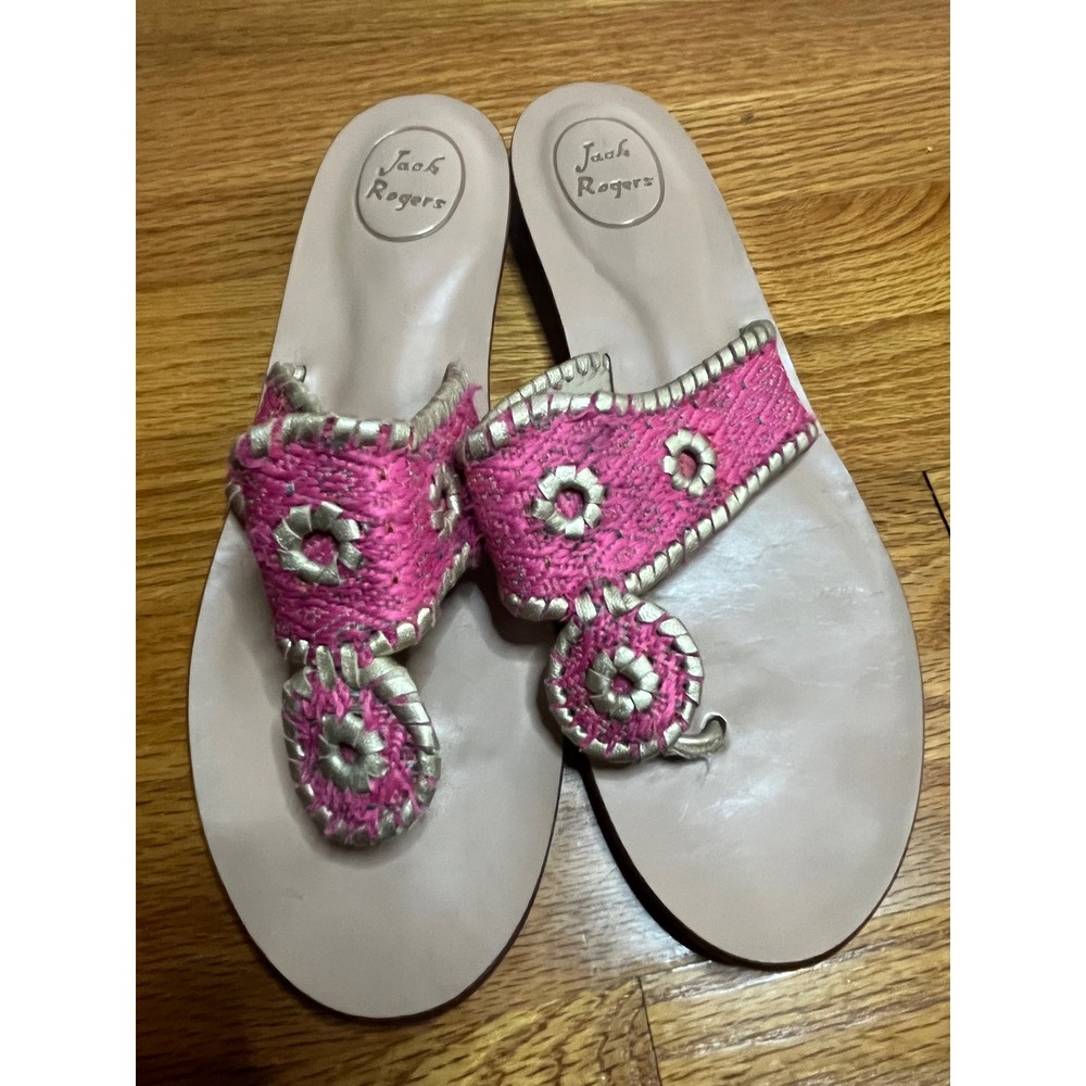 Jack Rogers Sandals Thong Raffia Pink Gold Accents Designer Shoes Size 11